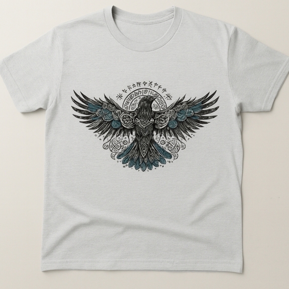Norse Raven Graphic Tee – Viking Mythology Shirt – Nordic Runes Bird Design - Picture 12 of 14